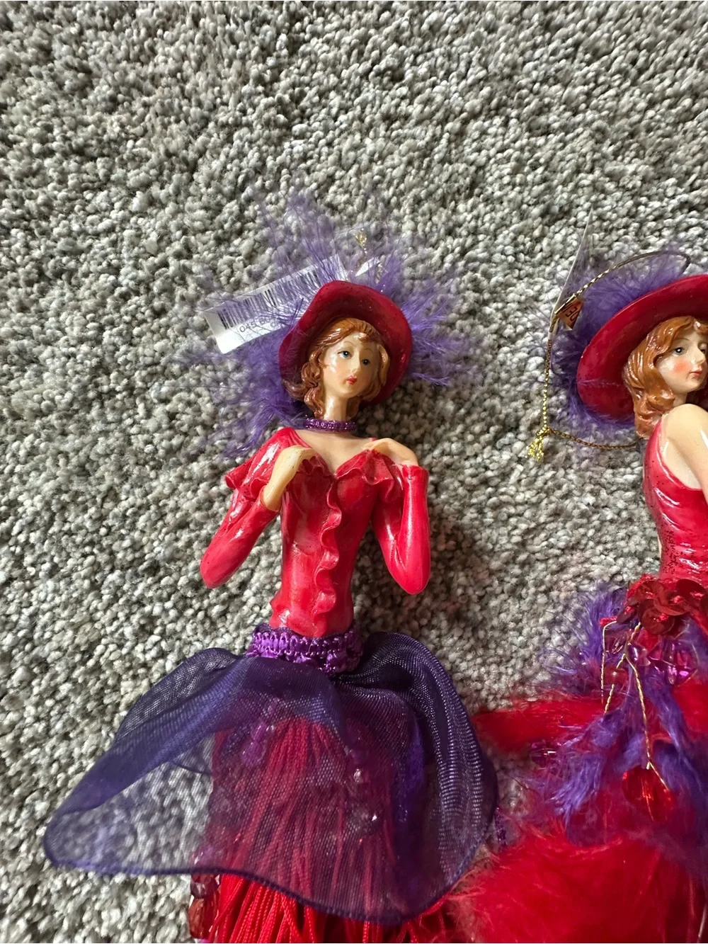 Red Hat Society Ornaments Red and Purple Feathered Doll Pair